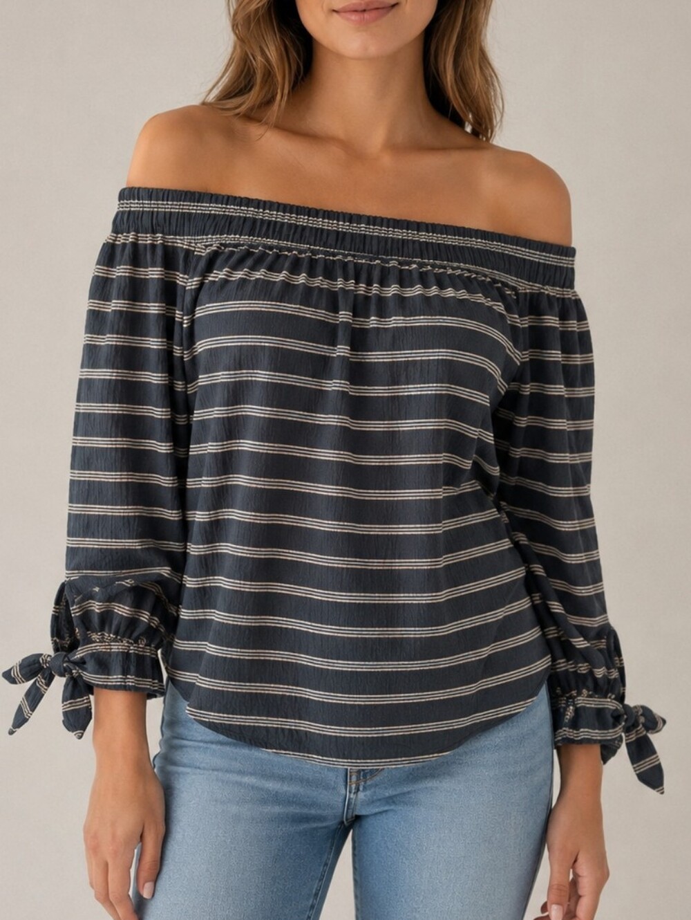 Pink Rose Blue Striped Off-the-Shoulder Tie Sleeve Top ✨ Size S
